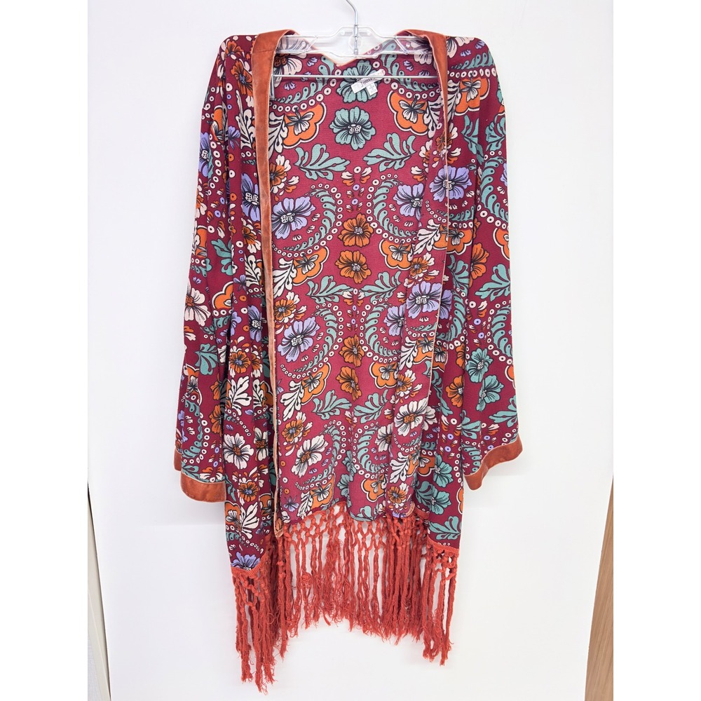 Boho Festival Kimono Cardigan Floral Fringe Velvet Trim Jodifl L Hippie 70s